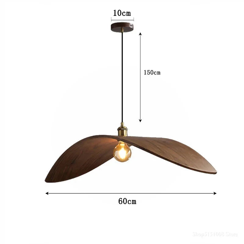 Walnut Wood Straw Hat Pendant Light – Warm LED Hanging Lamp