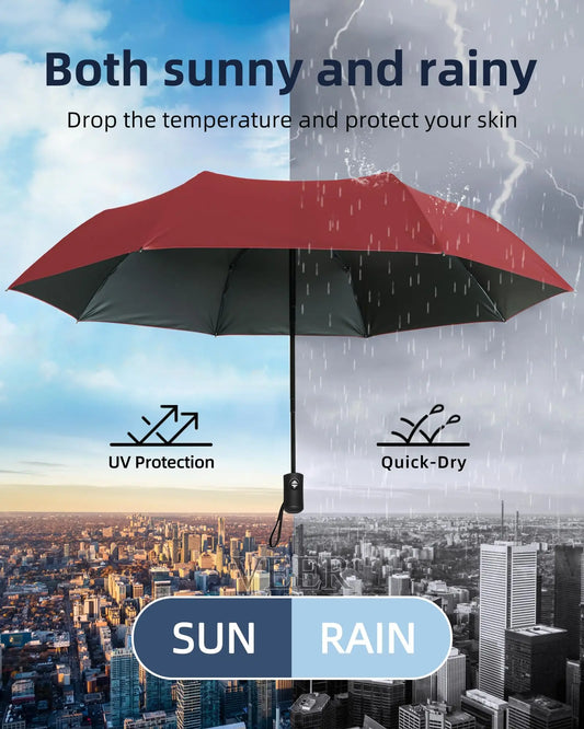 12-Bone Black Automatic Travel Umbrella – Compact & Windproof