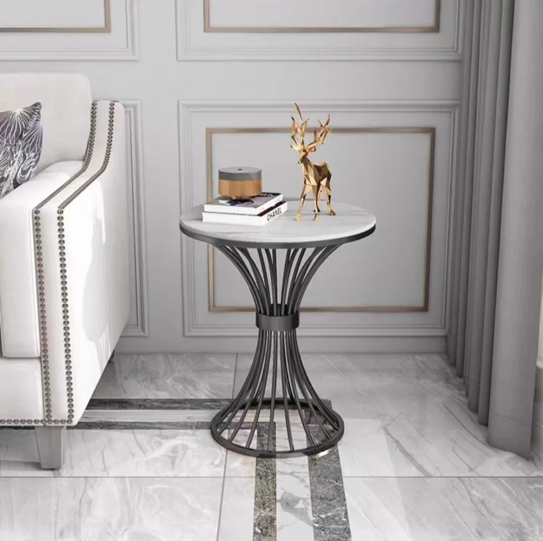 Modern Round Stone Coffee Table – Luxury Metal Frame Side Table
