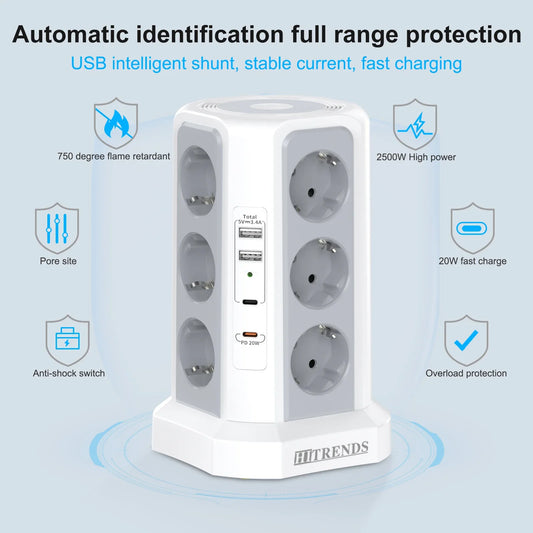 12-in-1 Power Tower Surge Protector with USB-C & Night Light