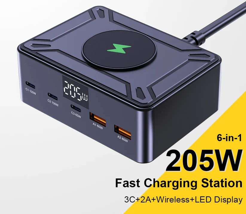 205W GaN Desktop Charger 5 Port USB-C PD Fast Charging Station