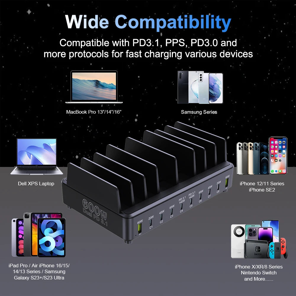 600W 10-Port GaN PD Fast Charging Station