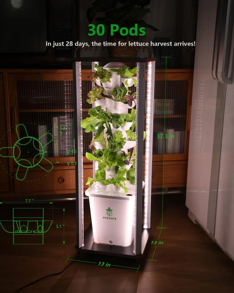 Hydroponic Tower Garden Kit – 30 Pod Indoor Vertical Grow System with LED & Auto Watering