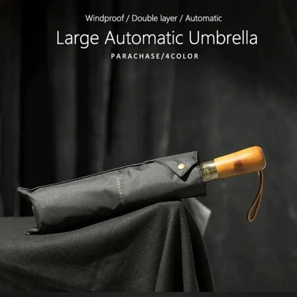 Automatic Folding Umbrella – Large, Wind & Sun Resistant, Wooden Handle