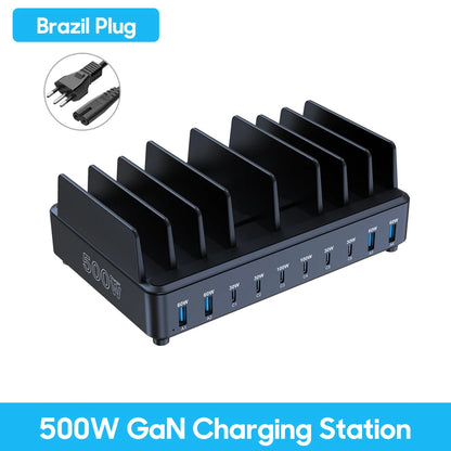 500W GaN 10-Port USB-C Fast Charging Station