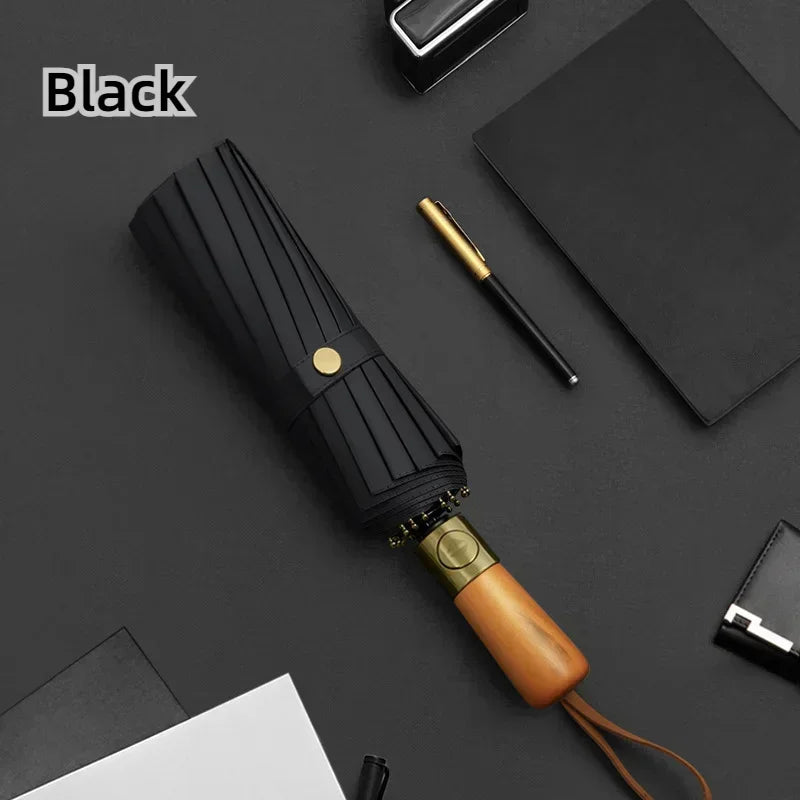 Automatic Folding Umbrella – Large, Wind & Sun Resistant, Wooden Handle