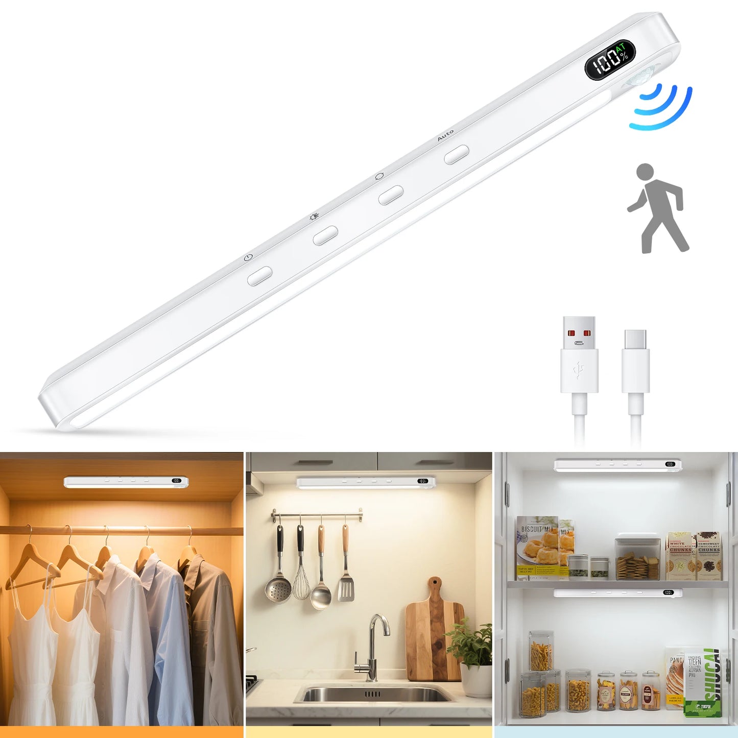 WILLED Rechargeable Motion Sensor Cabinet Light – 3 Colors Dimmable Night Bar
