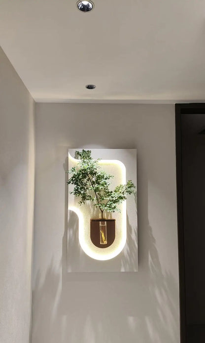 Modern Wall Lamp with Hanging Green Plants & Art