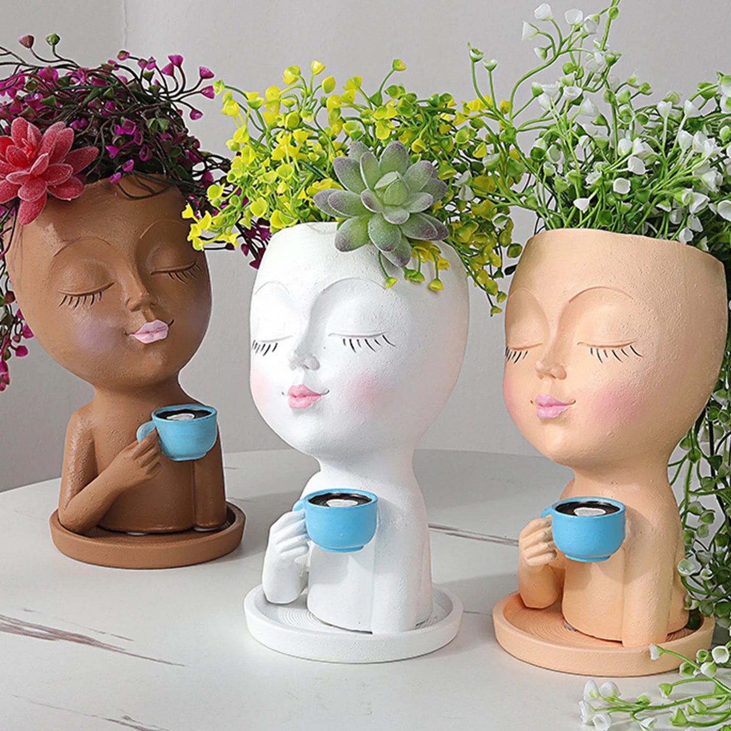Cute Girl Face Planter – Resin Succulent Pot with Drain Holes