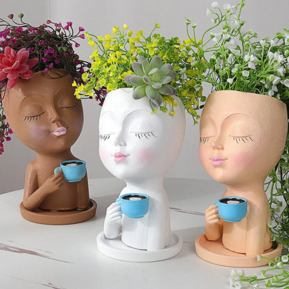 Cute Girl Face Planter – Resin Succulent Pot with Drain Holes
