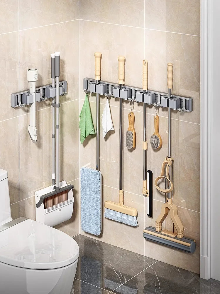 Wall Mounted Mop & Broom Organizer with Hooks – Heavy-Duty Aluminum Holder