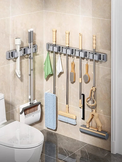 Wall Mounted Mop & Broom Organizer with Hooks – Heavy-Duty Aluminum Holder