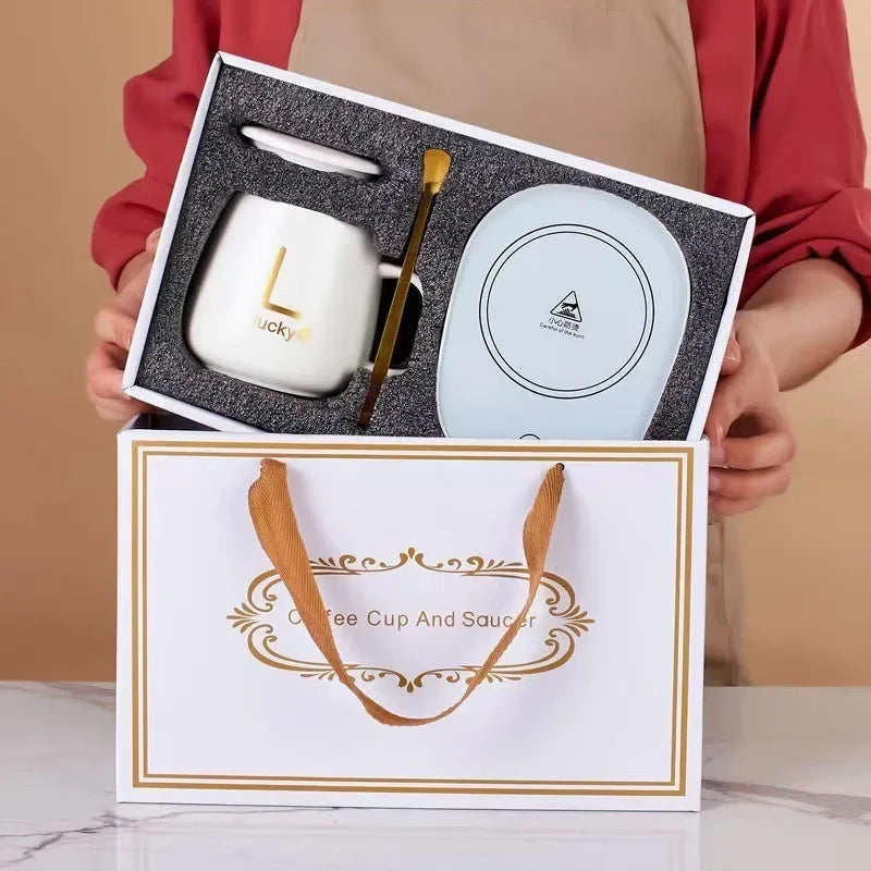 Insulated Ceramic Coffee Mug with Heating Coaster – Gift Set