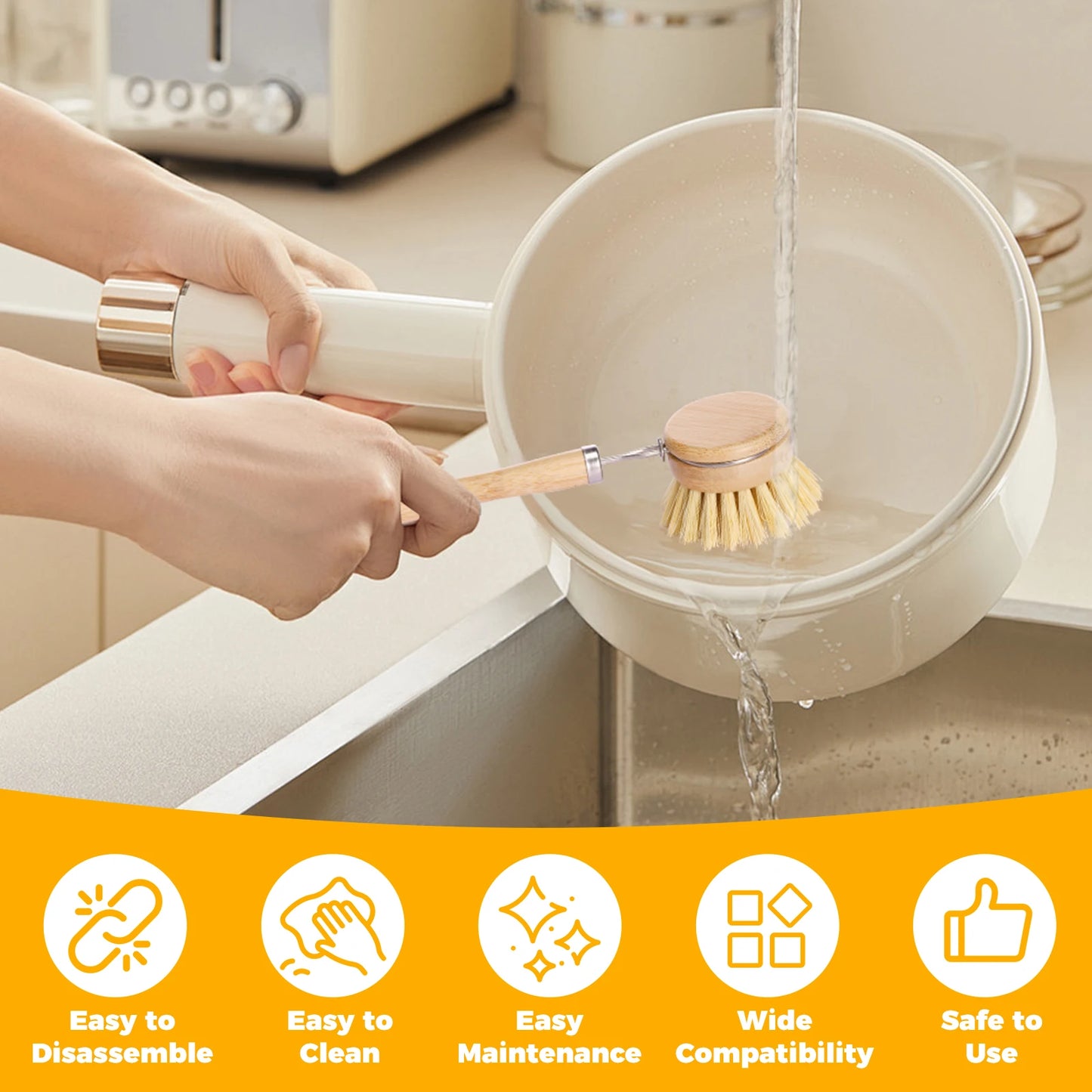 Bamboo Kitchen Dish Brush Set with Long Handle