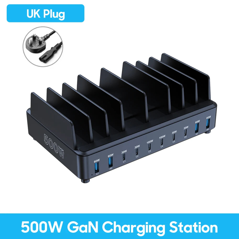 500W GaN 10-Port USB-C Fast Charging Station