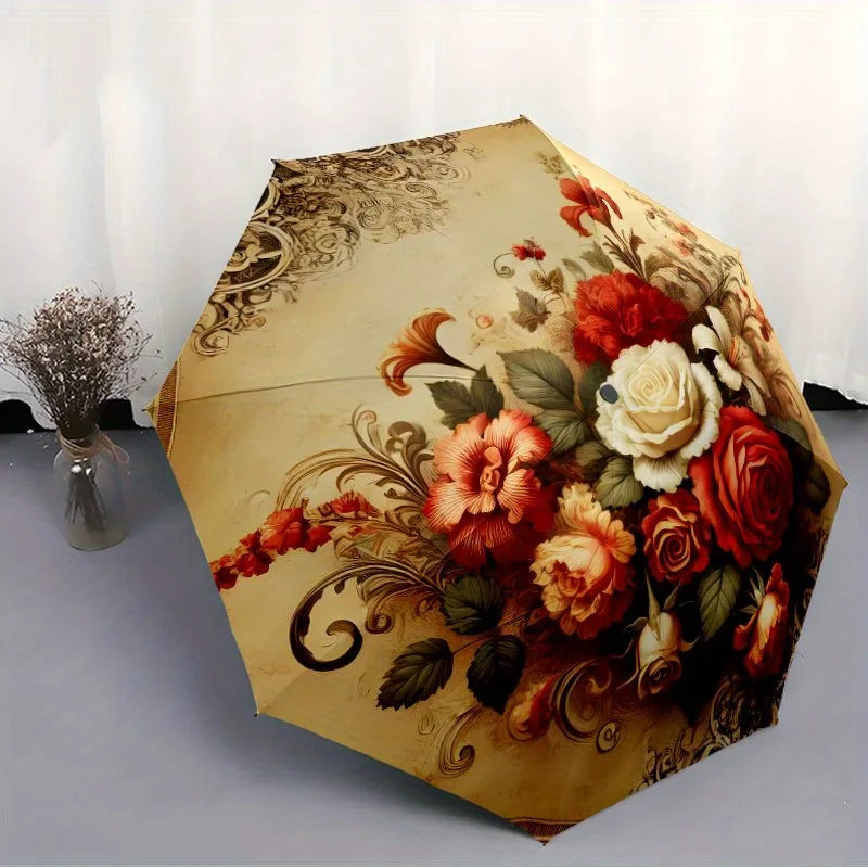 Vintage Rose Folding Umbrella – Beige Floral