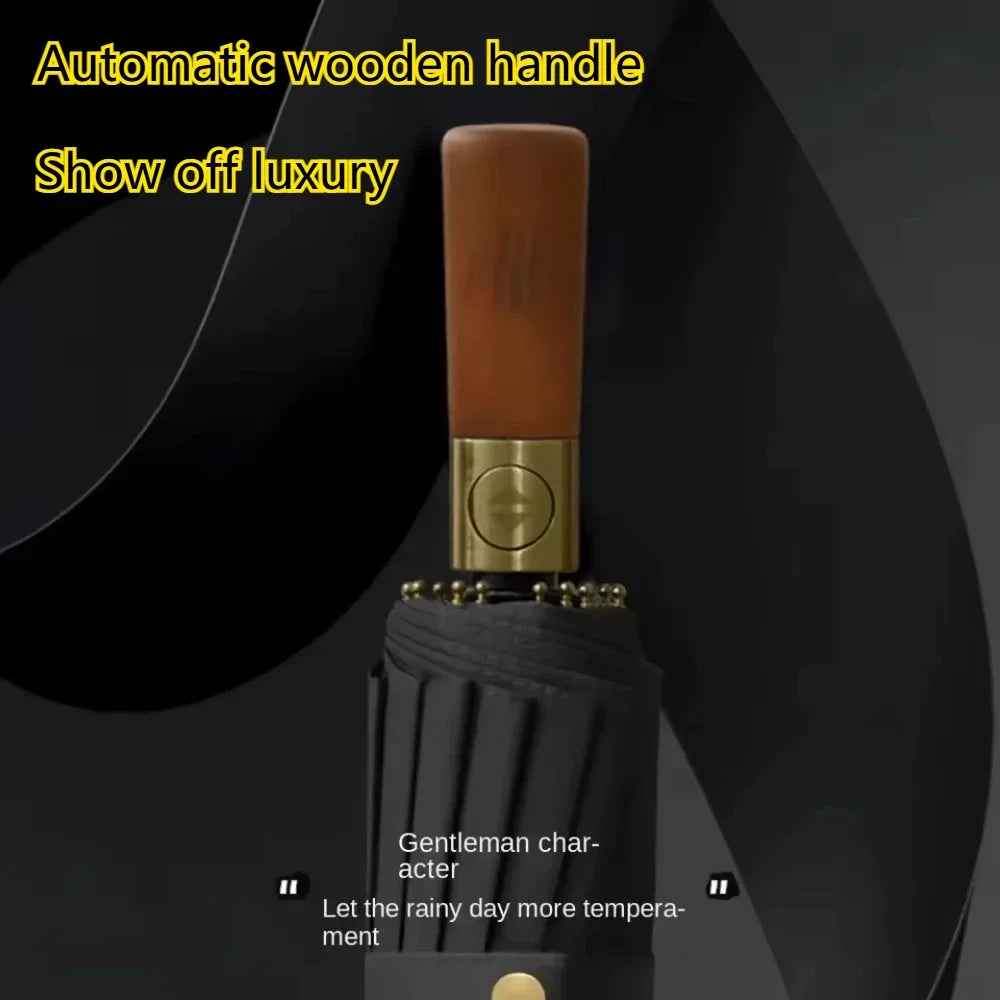 Automatic Folding Umbrella – Large, Wind & Sun Resistant, Wooden Handle