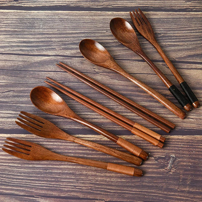 Natural Wooden Cutlery Set – Reusable Spoon, Fork & Chopsticks Dining Set
