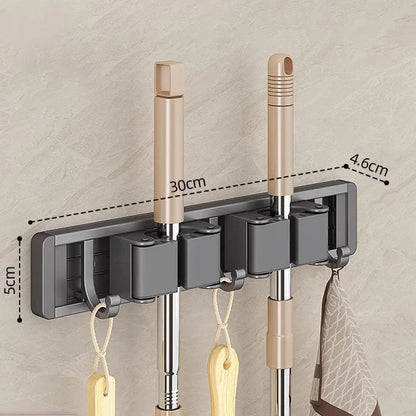 Wall Mounted Mop & Broom Organizer with Hooks – Heavy-Duty Aluminum Holder