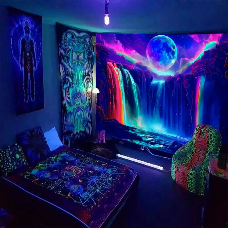 UV Waterfall & Moon Night Sky Tapestry – Glow Wall Decor