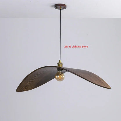 Walnut Wood Straw Hat Pendant Light – Warm LED Hanging Lamp