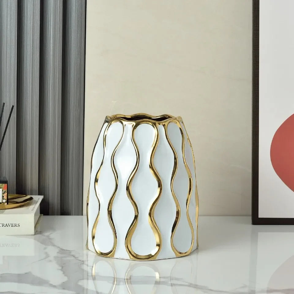 Modern Black & White Ceramic Vase with Gold Accent