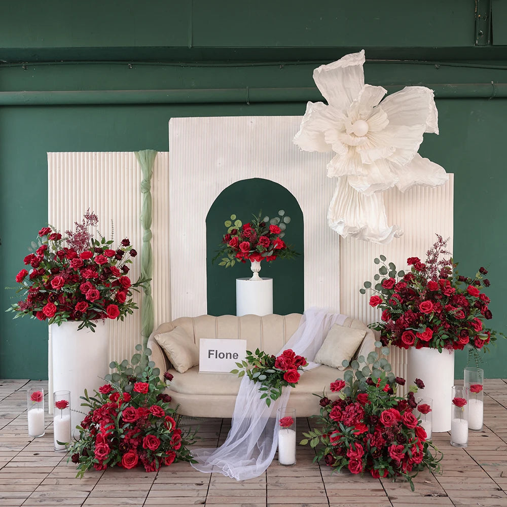 Dark Red Silk Rose Centerpiece – Elegant Event & Home Decor Arrangement