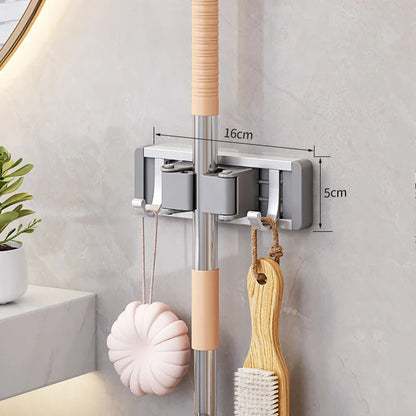 Wall Mounted Mop & Broom Organizer with Hooks – Heavy-Duty Aluminum Holder