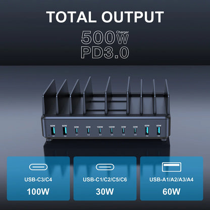 500W GaN 10-Port USB-C Fast Charging Station