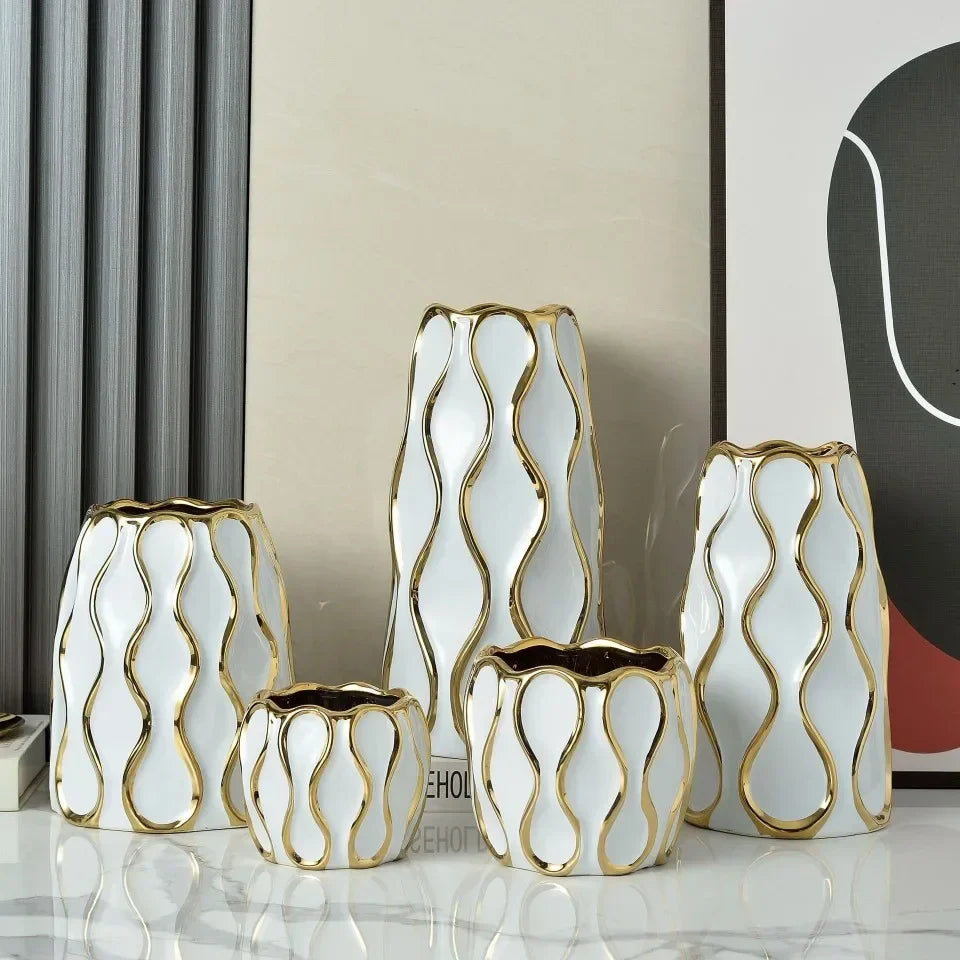 Modern Black & White Ceramic Vase with Gold Accent