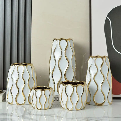 Modern Black & White Ceramic Vase with Gold Accent