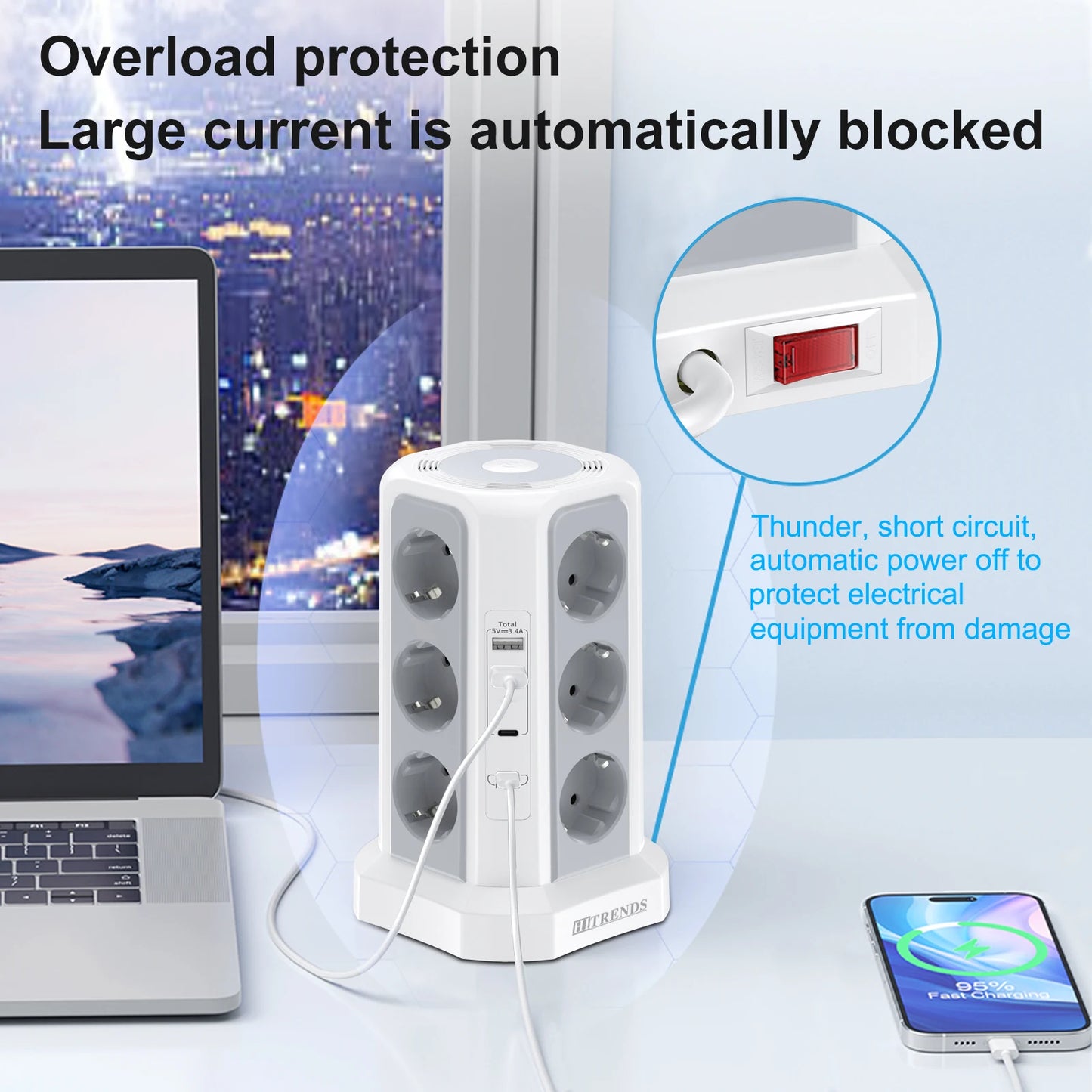 12-in-1 Power Tower Surge Protector with USB-C & Night Light