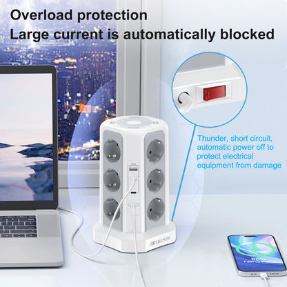 12-in-1 Power Tower Surge Protector with USB-C & Night Light