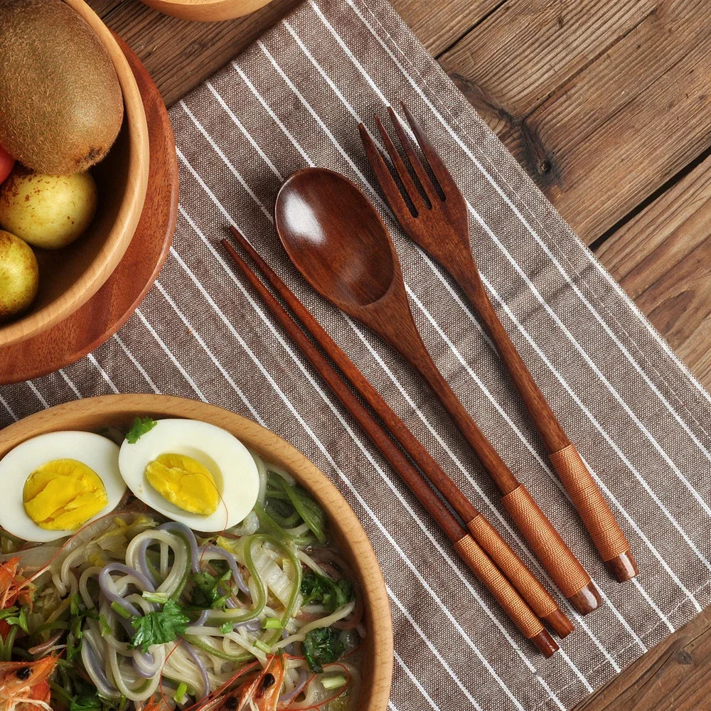 Natural Wooden Cutlery Set – Reusable Spoon, Fork & Chopsticks Dining Set