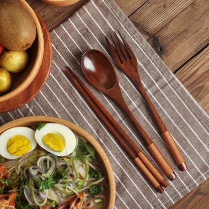 Natural Wooden Cutlery Set – Reusable Spoon, Fork & Chopsticks Dining Set