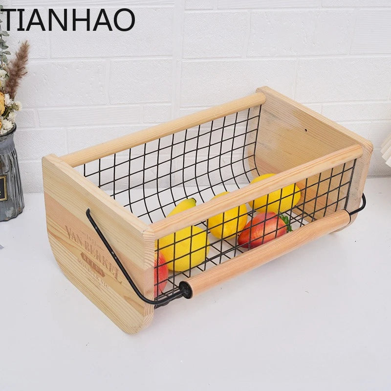 Modern Fruit & Vegetable Storage Basket with Wooden Handle
