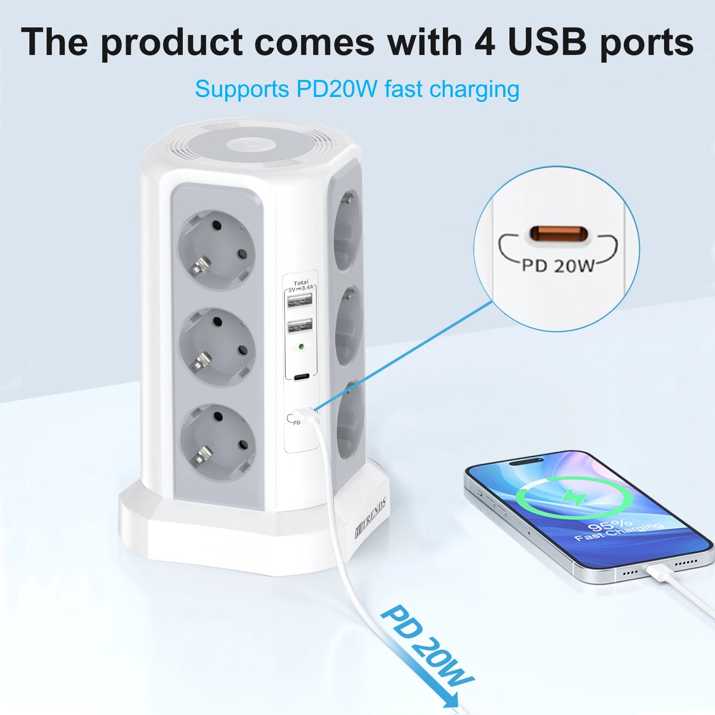12-in-1 Power Tower Surge Protector with USB-C & Night Light