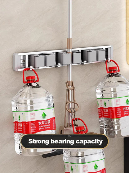 Wall Mounted Mop & Broom Organizer with Hooks – Heavy-Duty Aluminum Holder