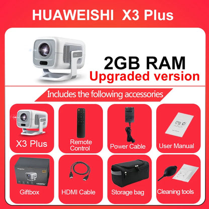 Huaweishi 4K Smart Portable Projector – 1080P, Auto-Focus, 600 ANSI