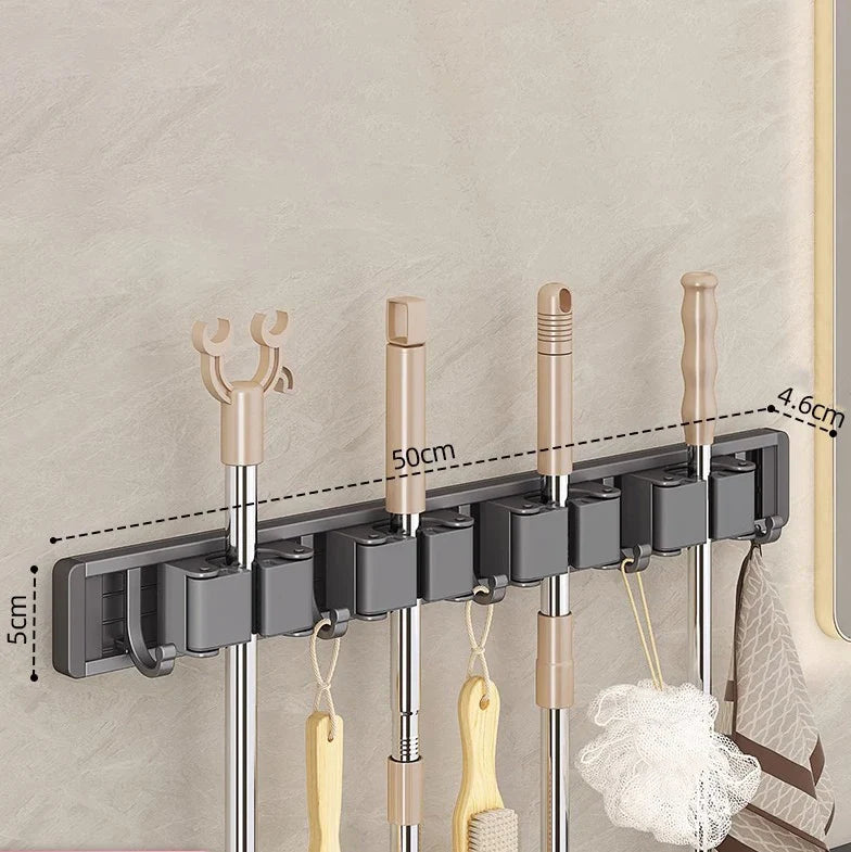 Wall Mounted Mop & Broom Organizer with Hooks – Heavy-Duty Aluminum Holder