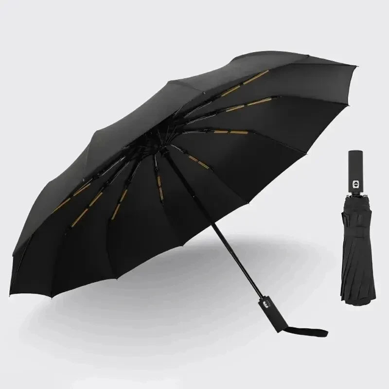 12-Bone Black Automatic Travel Umbrella – Compact & Windproof