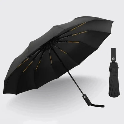 12-Bone Black Automatic Travel Umbrella – Compact & Windproof