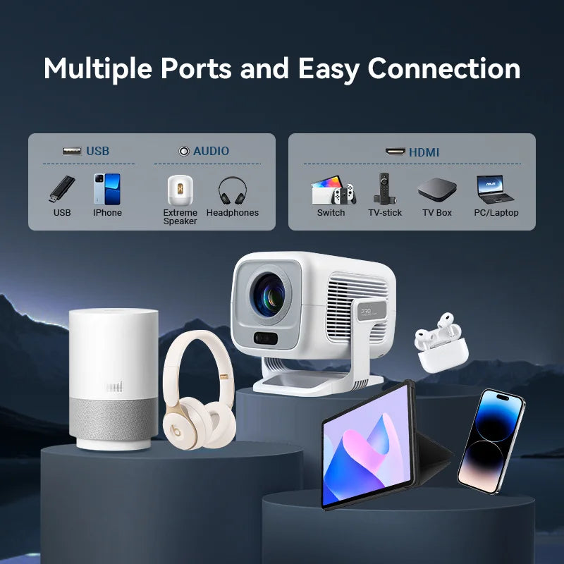 Huaweishi 4K Smart Portable Projector – 1080P, Auto-Focus, 600 ANSI