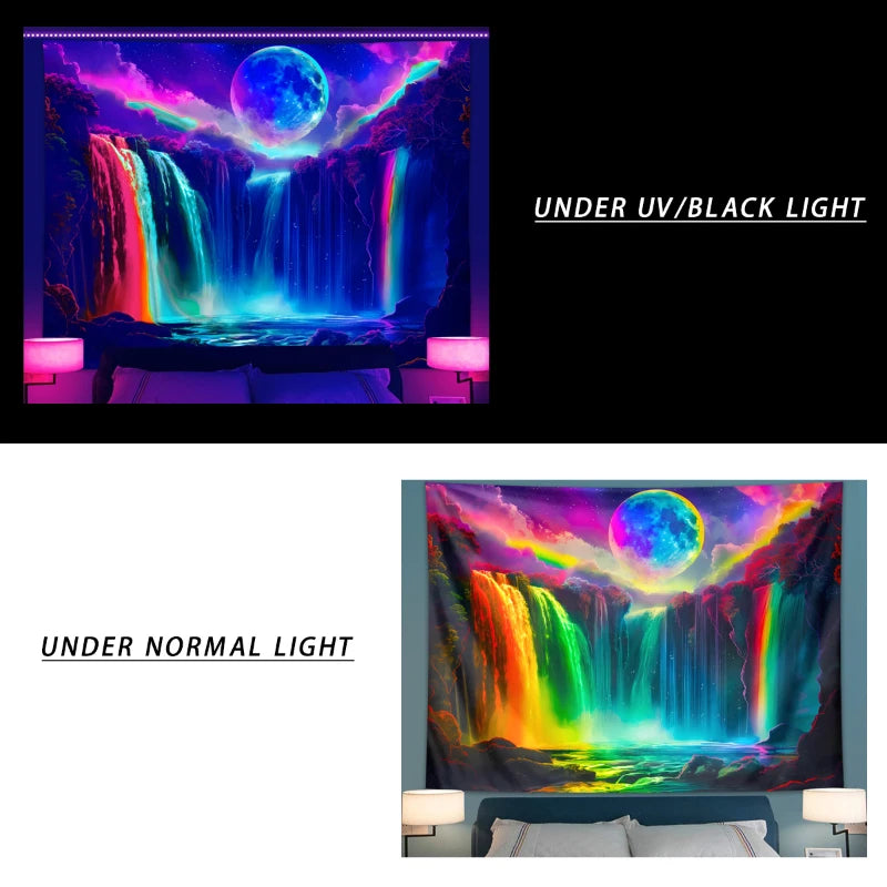 UV Waterfall & Moon Night Sky Tapestry – Glow Wall Decor