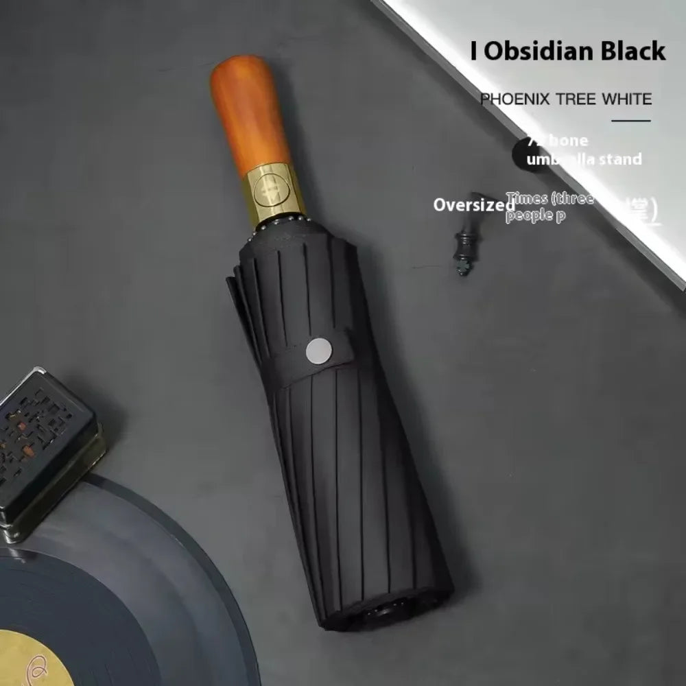 Automatic Folding Umbrella – Large, Wind & Sun Resistant, Wooden Handle