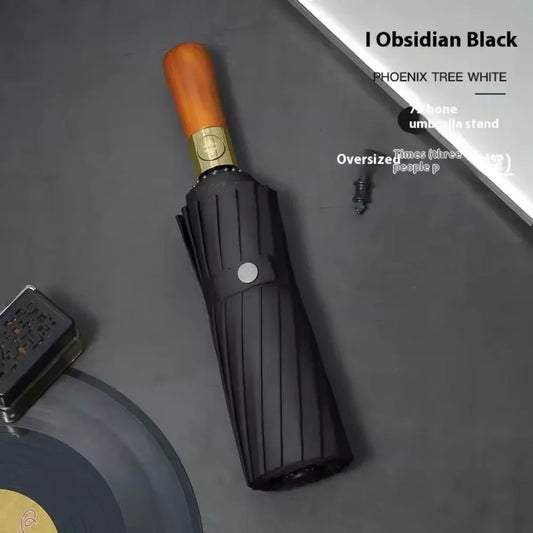 Automatic Folding Umbrella – Large, Wind & Sun Resistant, Wooden Handle