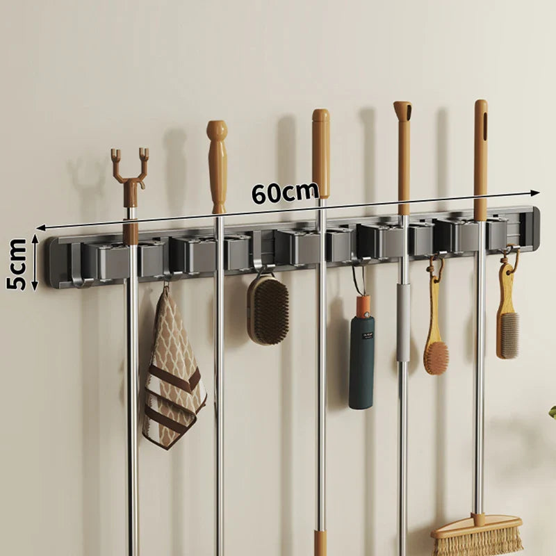 Wall Mounted Mop & Broom Organizer with Hooks – Heavy-Duty Aluminum Holder