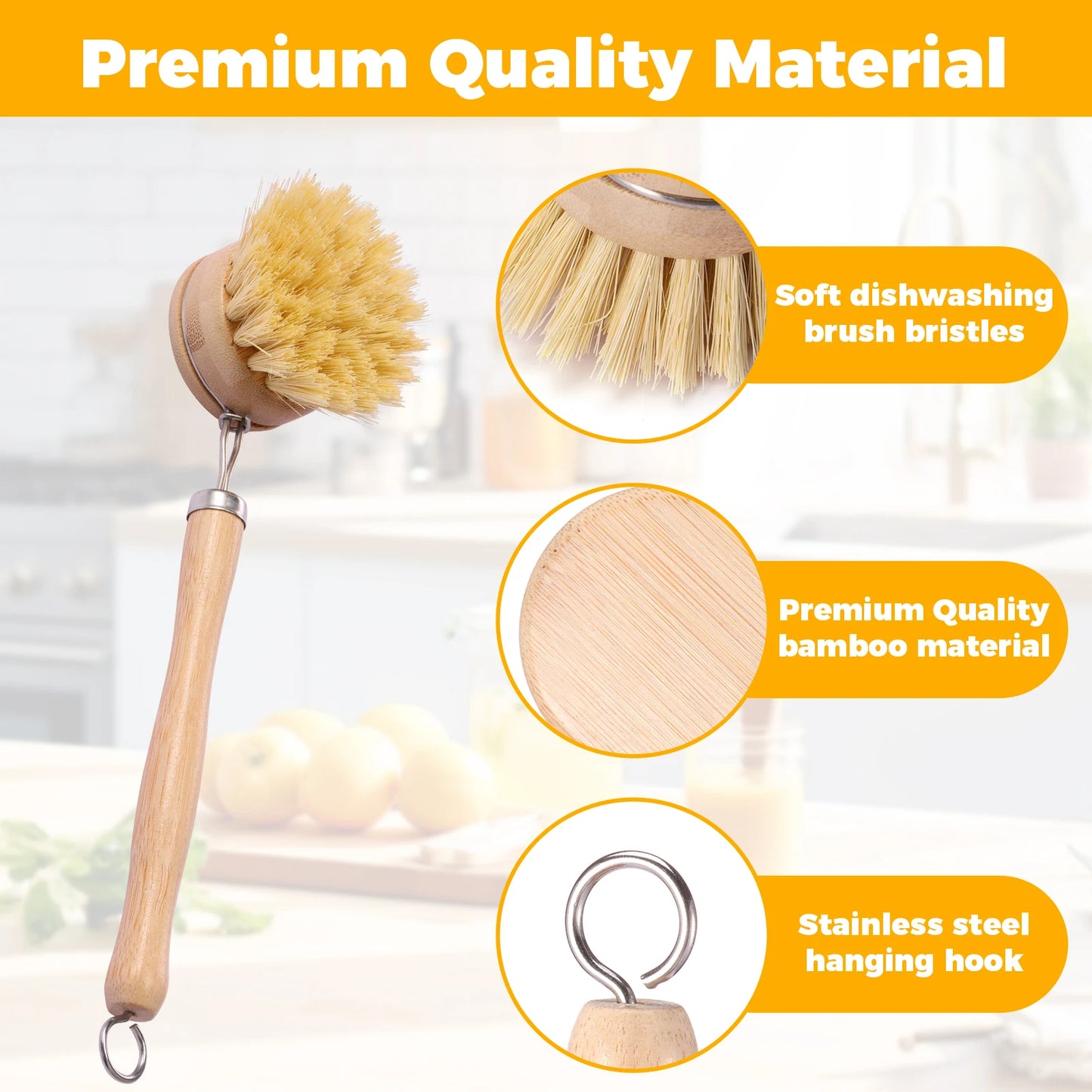 Bamboo Kitchen Dish Brush Set with Long Handle