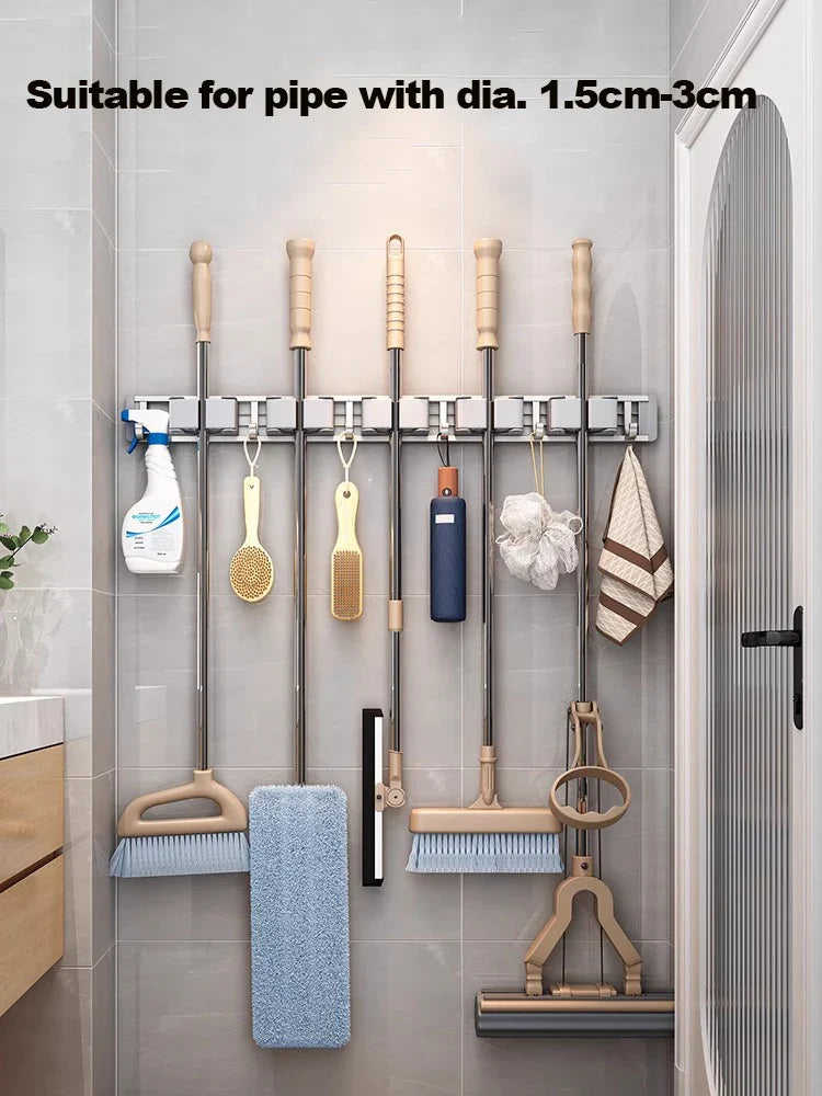 Wall Mounted Mop & Broom Organizer with Hooks – Heavy-Duty Aluminum Holder