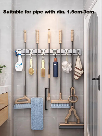 Wall Mounted Mop & Broom Organizer with Hooks – Heavy-Duty Aluminum Holder